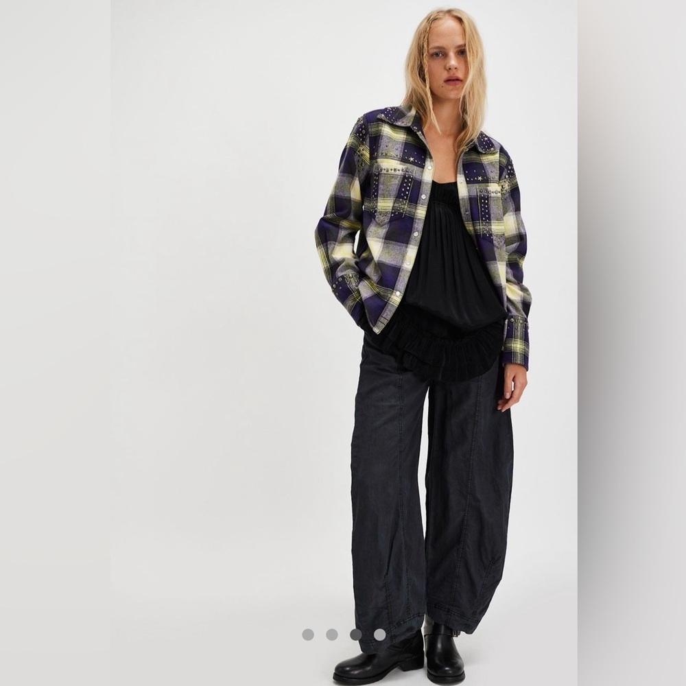 We The Free Purple and Yellow Plaid Button Down Shirt